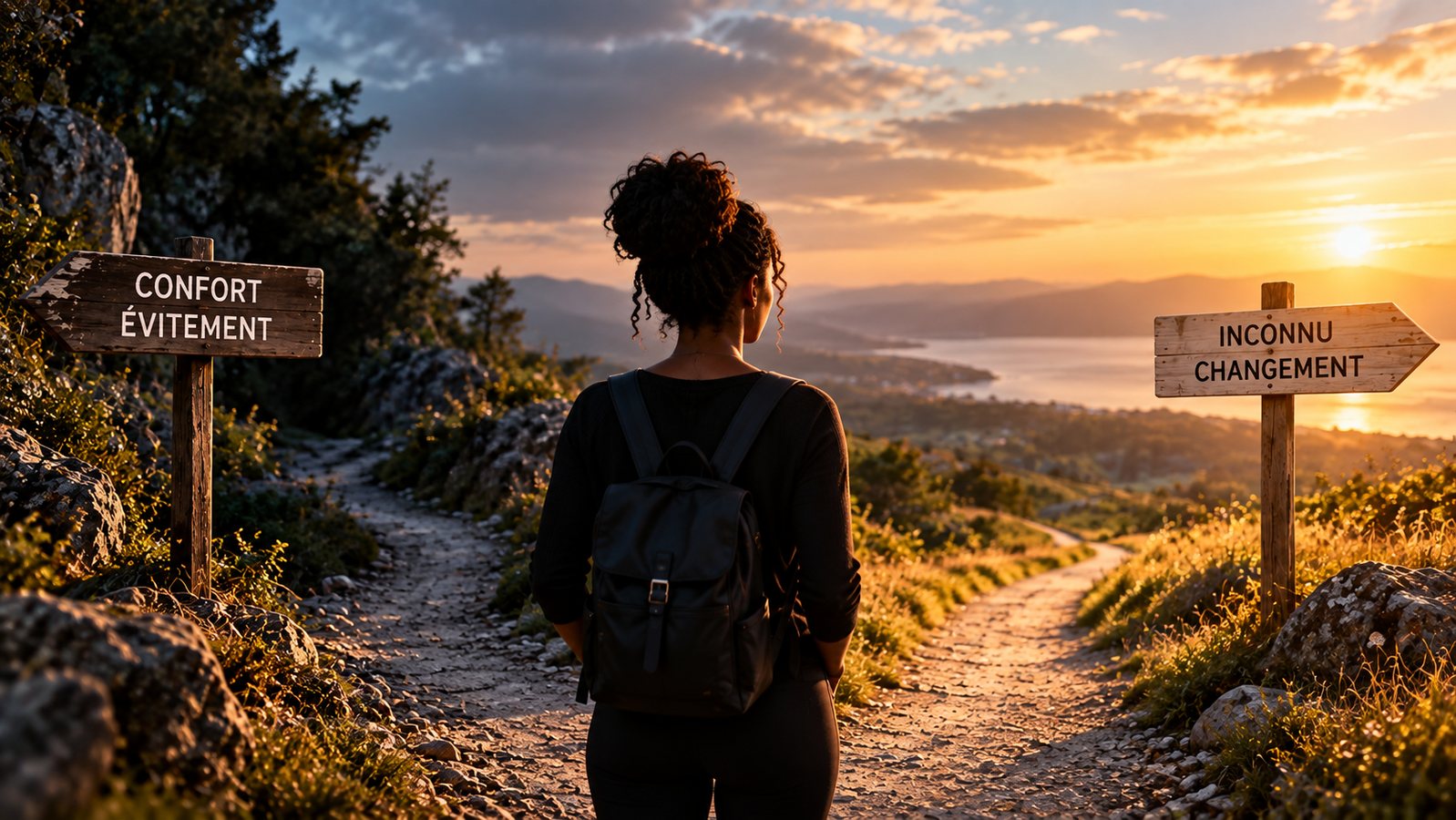 Une femme hésite entre le confort de l’évitement et le chemin du changement