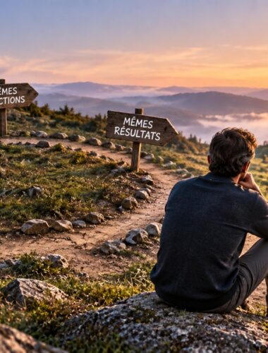 Personne face à une boucle symbolisant les schémas répétitifs et un nouveau chemin